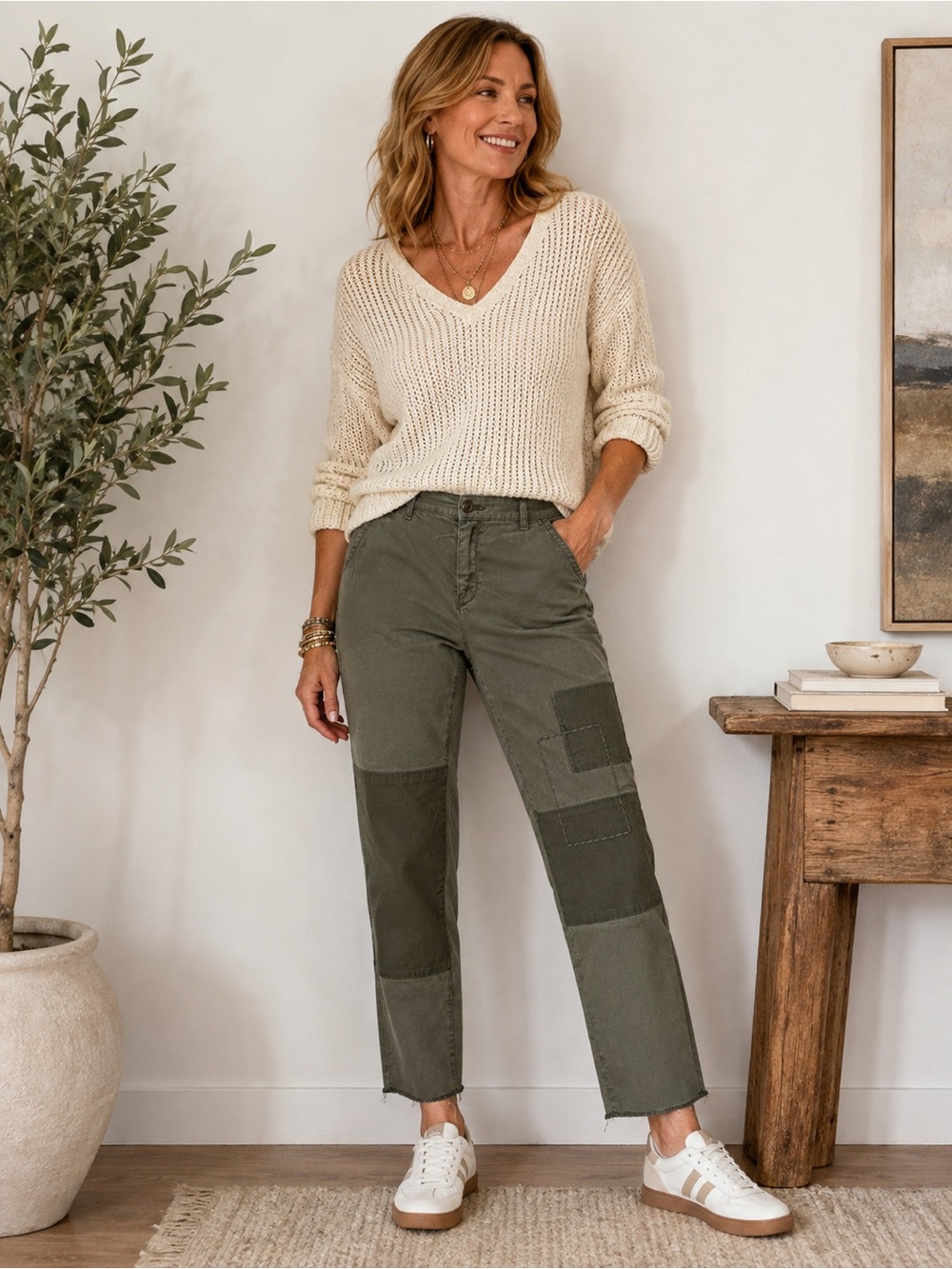 NYDJ Lift Tuck Olive Green Patchwork Utility Pants Size 12